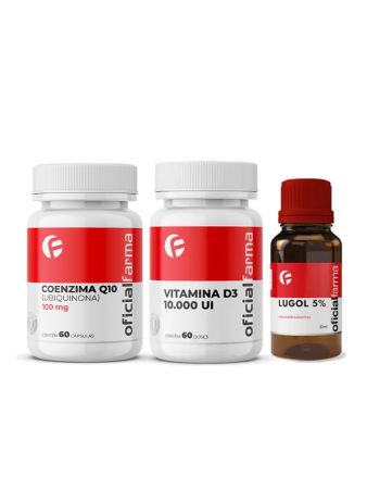 Vitamina D3 10.000UI 60 Doses + Lugol 5% Iodo 30mL + Coenzima Q10 100mg 60 C&aacute;psulas